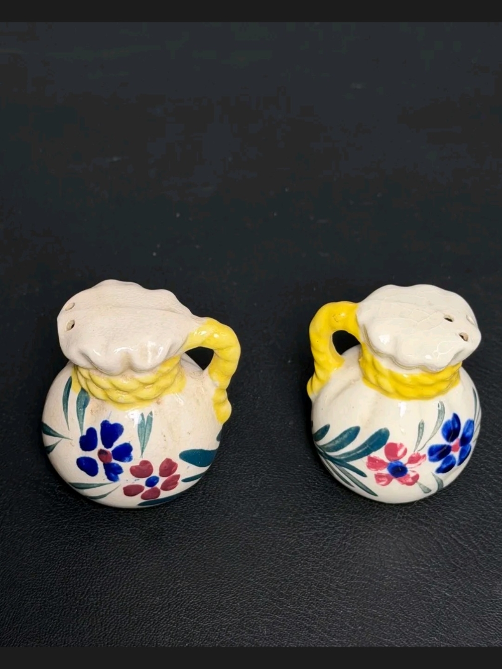 1950s Vintage Flour Sack Ceramic Floral Salt and Pepper Shakers - Yellow Accent
